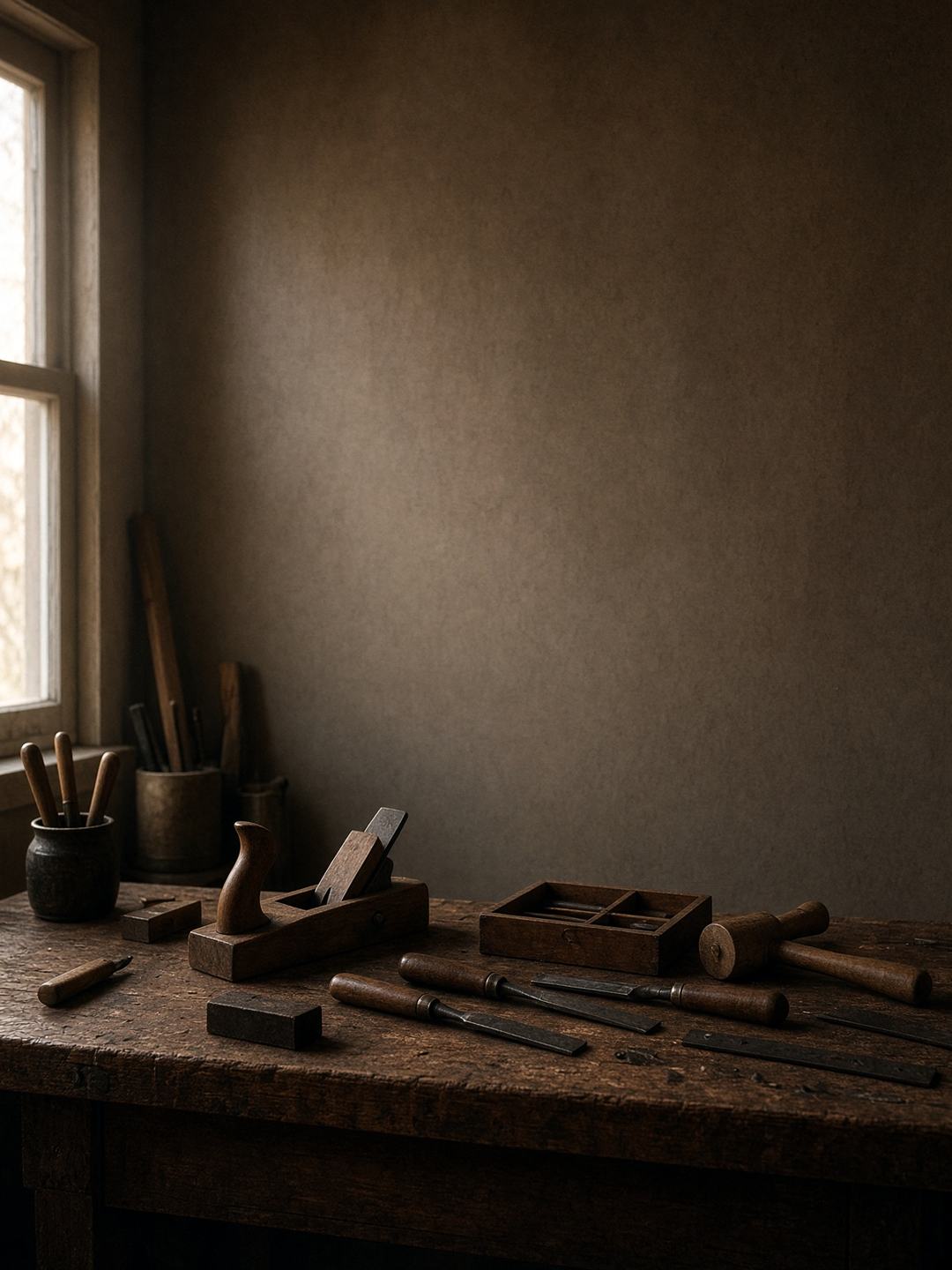 Quiet workbench in pale morning window light